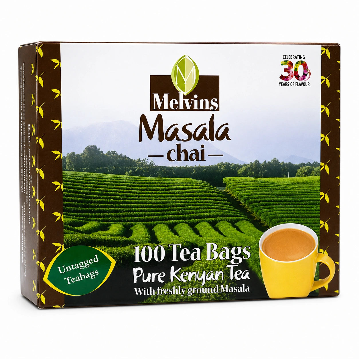Melvins Masala Chai Tea Bags 100s featuring pure Kenyan tea with freshly ground masala, untagged tea bags, ginger and cinnamon spices