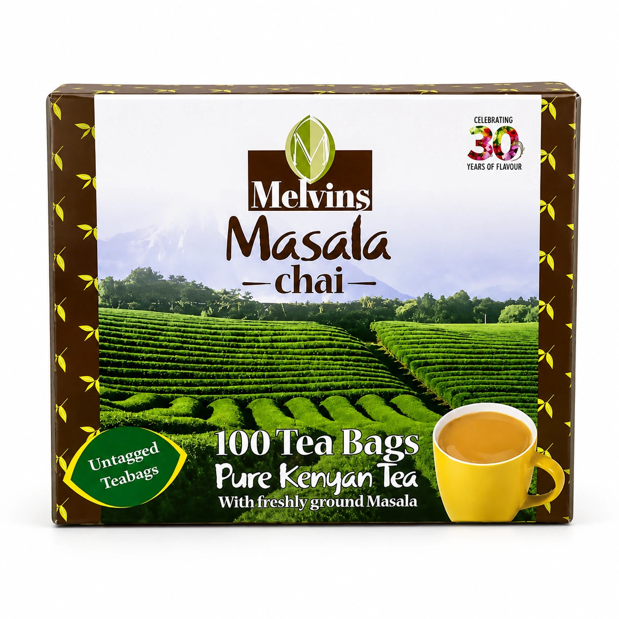 Melvins Masala Chai Tea Bags 100s box featuring pure Kenyan tea with freshly ground masala, ginger and cinnamon for spiced Kenyan chai.