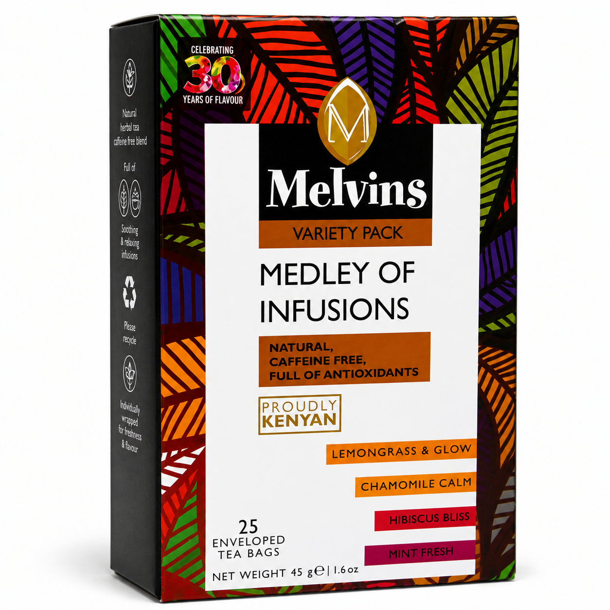 Melvins Medley of Infusions Tea Bags 25s Kenyan herbal tea variety pack with lemon ginger, chamomile, hibiscus and mint infusions
