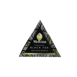Triangle pyramid tea bag front display for Melvins Orthodox Black Tea