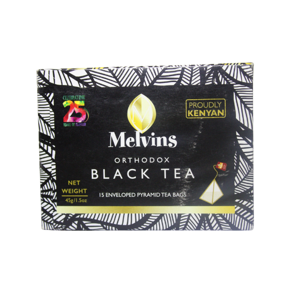 Front close-up of Melvins Orthodox Black Tea pyramid tea bags packaging