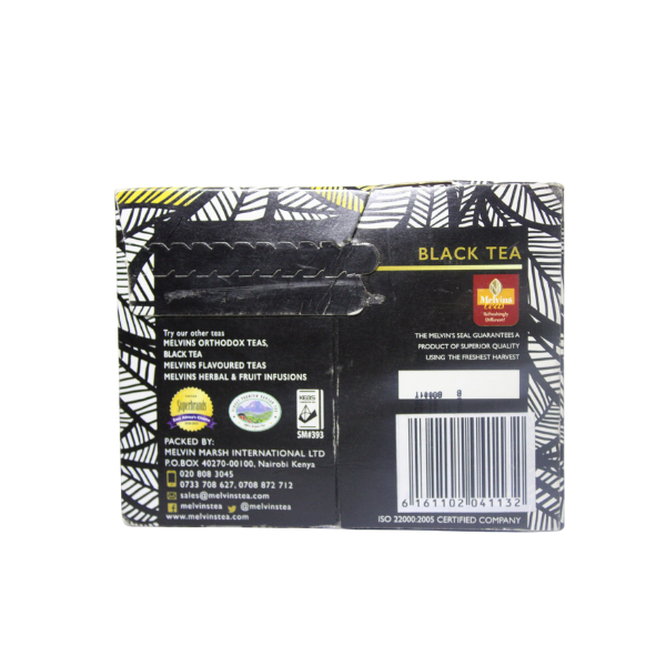Rear packaging view of Melvins Orthodox Black Tea with barcode and certifications
