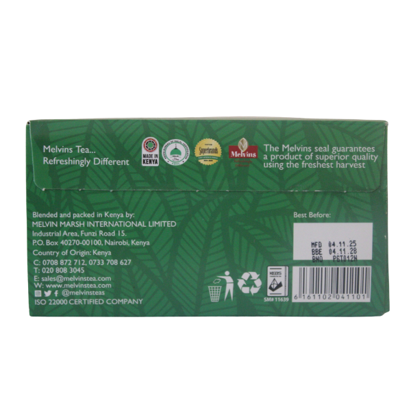 Back panel of Melvins Pure Green Tea box showing product information