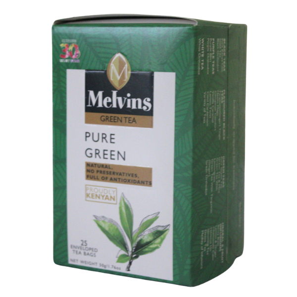 Front side view of Melvins Pure Green Tea packaging