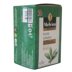 Side angle view of Melvins Pure Green Tea packaging