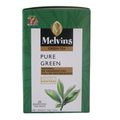 Front close-up of Melvins Pure Green Tea box showing green tea leaves illustration and Kenyan branding