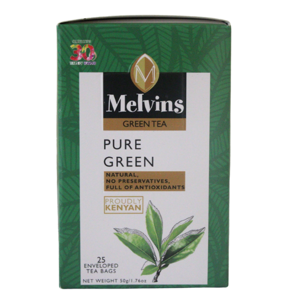 Full front view of Melvins Pure Green Tea Tea Bags 25's packaging