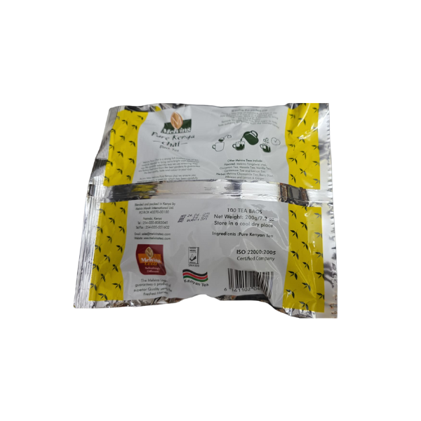 Side flat view of Melvins Pure Kenya Chai catering pack showing certifications