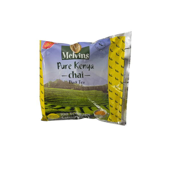 Front of yellow Melvins Pure Kenya Chai pack showing brand name, Pure Kenya Chai Black Tea label, tea farm photo, 100 tea bags catering pack text