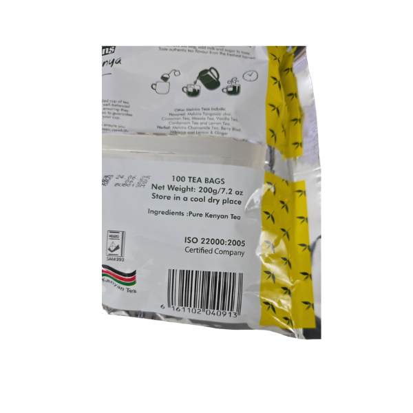 Right flat panel of Melvins Pure Kenya Chai pack showing product details and barcode