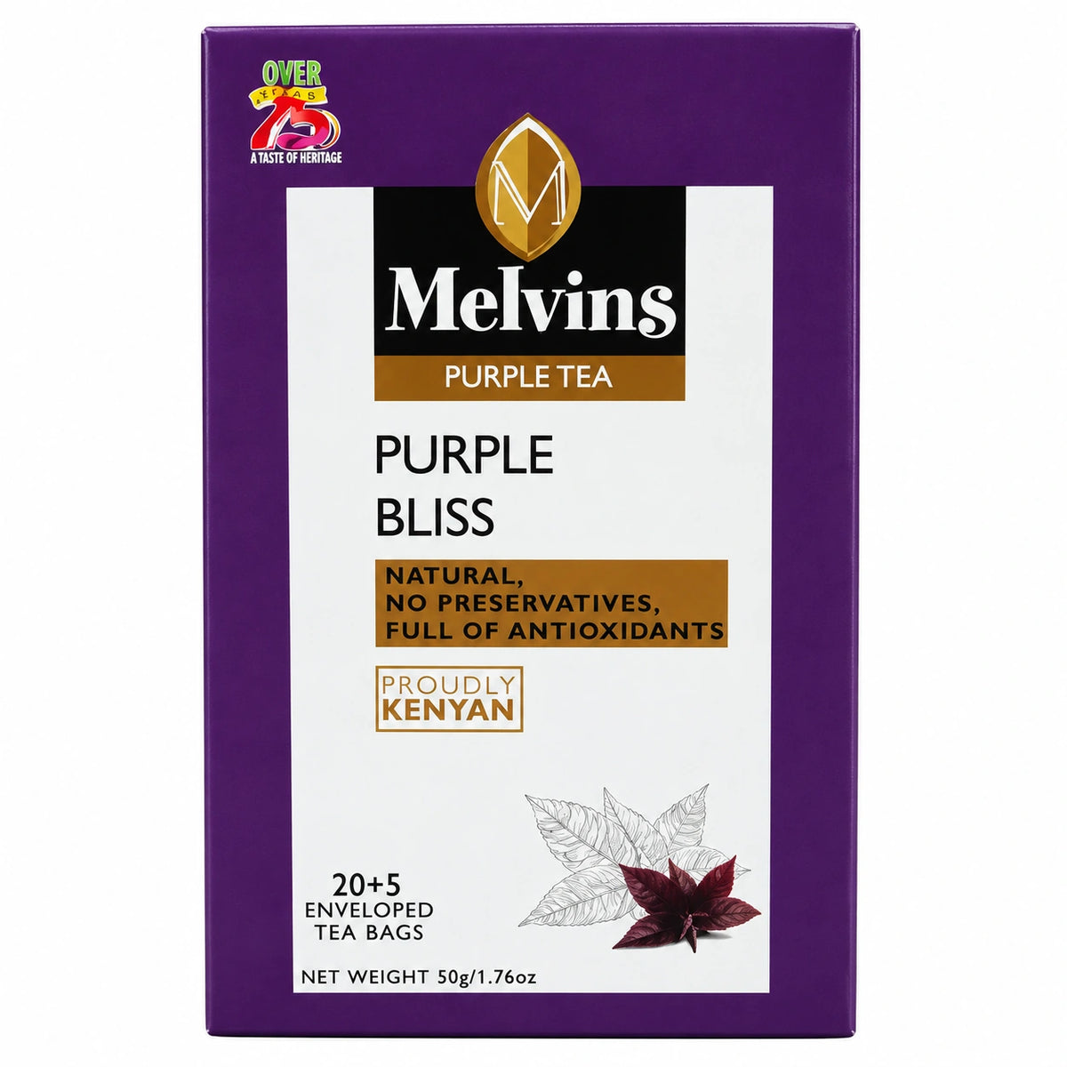 Melvins Purple Bliss Tea 25 bags Kenyan Purple Tea 50g, authentic Kenyan purple tea in individually wrapped tea bags