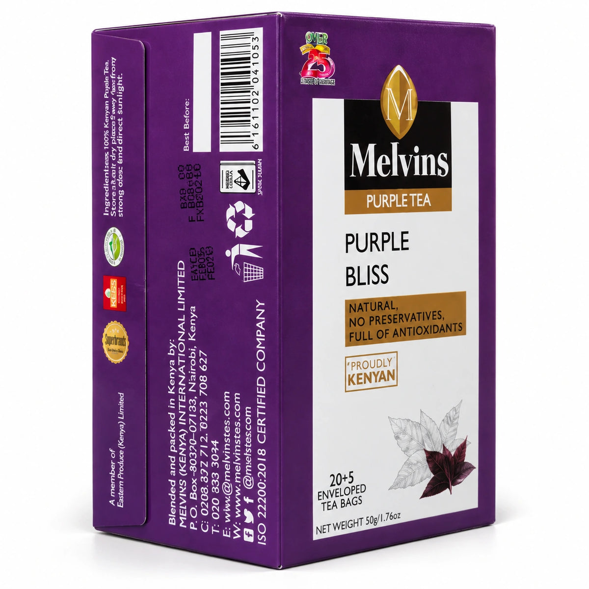 Melvins Purple Bliss Tea Bags 25 count 50g Kenyan Purple Tea box, front and side packaging view with proudly Kenyan purple tea branding and enveloped tea bags