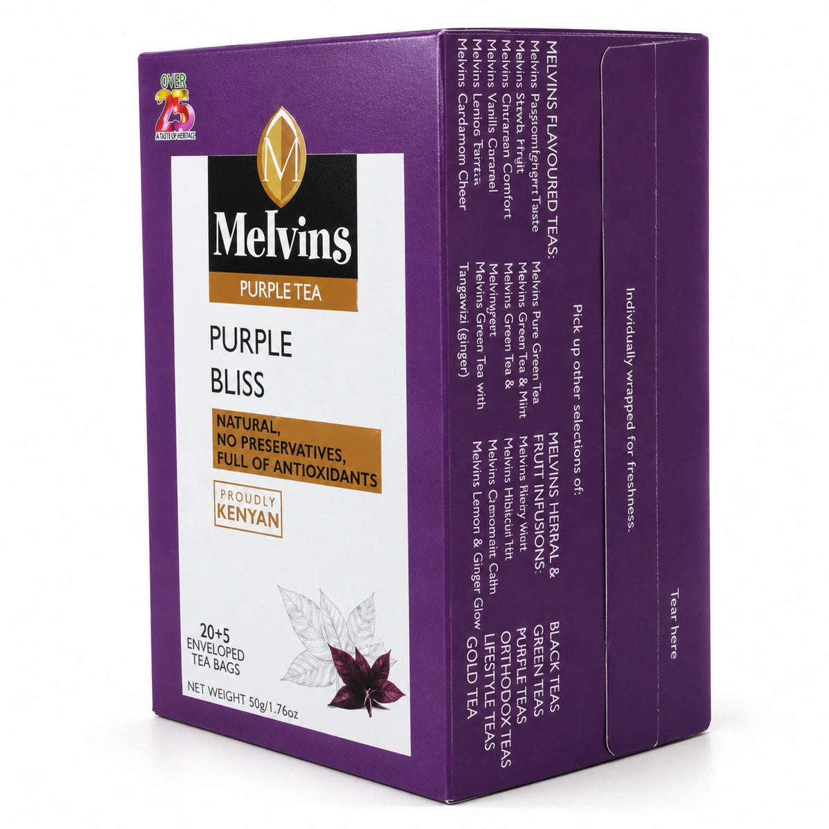 Melvins Purple Bliss Tea Bags 25 count 50g Kenyan Purple Tea box shown from front and side, Melvins purple tea packaging with proudly Kenyan Purple Bliss tea branding