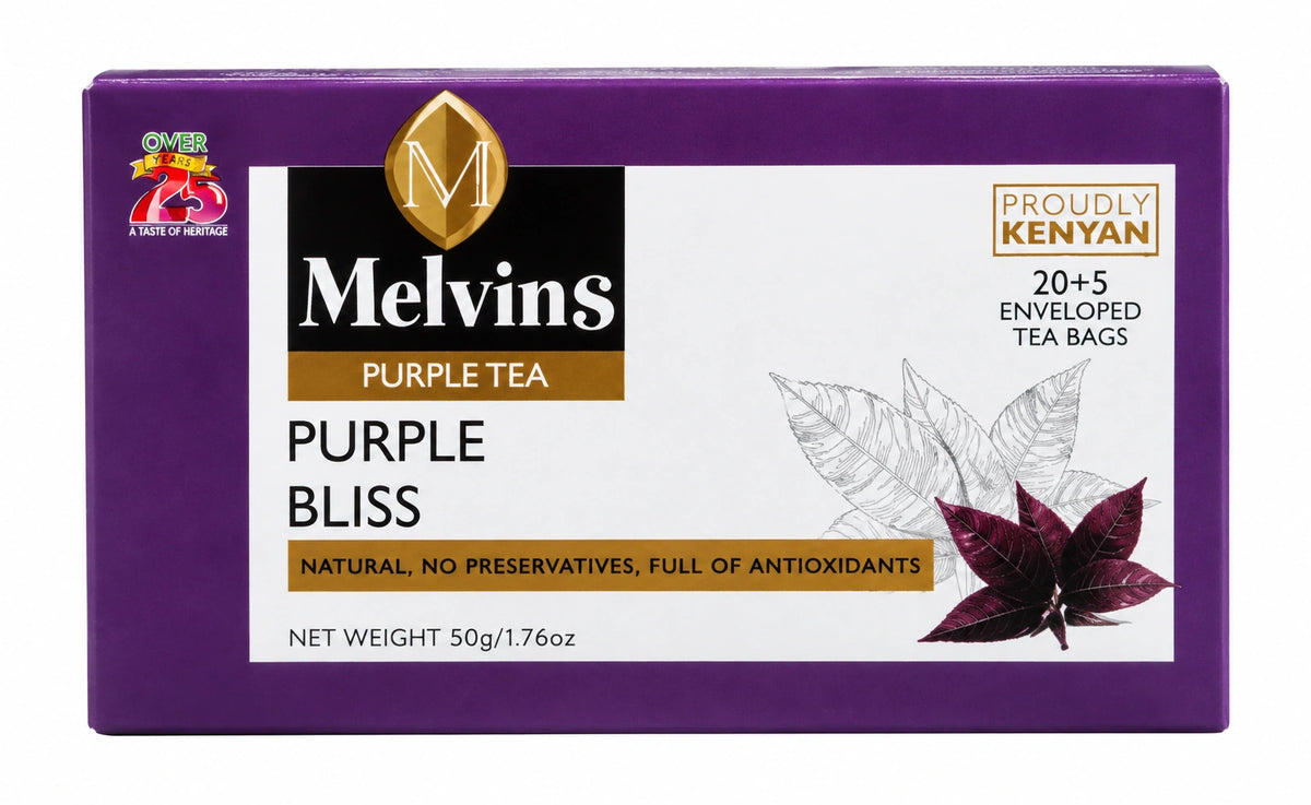 Melvins Purple Bliss Tea Bags 25S 50g box of Kenyan Purple Tea with individually wrapped enveloped tea bags, proudly Kenyan