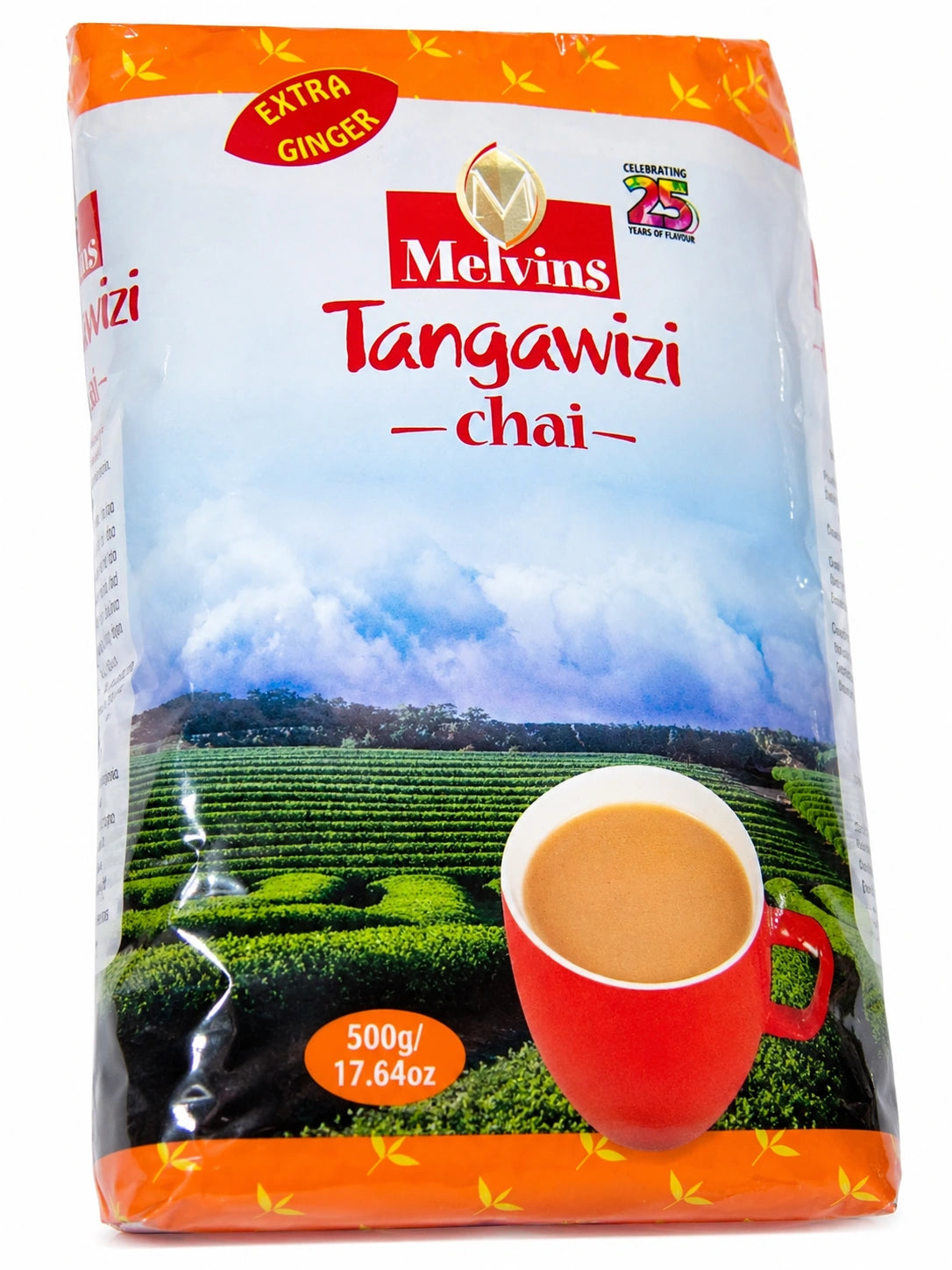 Melvins Tangawizi Chai 500g Kenyan Ginger Black Tea in original packaging, featuring Melvins branding, Tangawizi Chai product name, Extra Ginger labeling, Kenyan tea imagery, and 500g weight, representing premium Kenyan highland black tea blended with ginger for a bold, warming and aromatic East African chai experience.