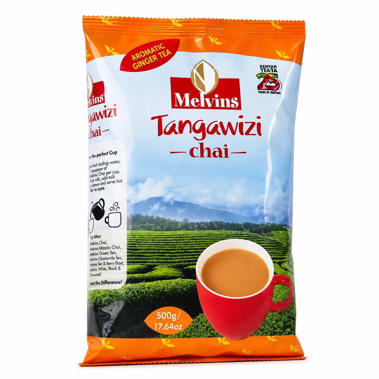 Melvins Tangawizi Chai 500g Kenyan ginger black tea loose leaf tea, Melvins ginger tea, Kenyan tea, ginger tea, spiced tea, chai tea, East African tea, Kenya tea, aromatic ginger tea, black tea blend, loose leaf black tea, Kenyan ginger chai, traditional chai tea, Kenyan black tea, ginger flavored tea, spiced Kenyan tea, breakfast tea, milk tea, tea for morning brewing, tea for afternoon drinking, warming ginger tea, full-bodied black tea, aromatic chai blend, 500g tea pack, family-size Kenyan tea, Kenyan 