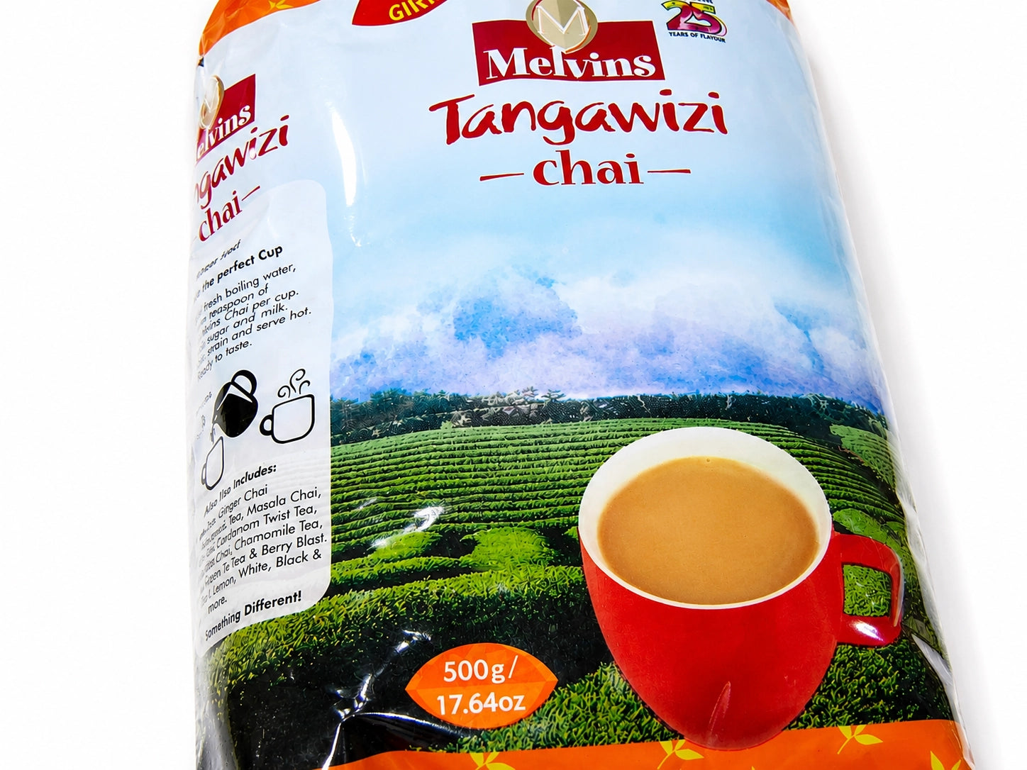 Melvins Tangawizi Chai 500g Kenyan ginger black tea, a loose leaf black tea blended with ginger for a warm, spicy and full-bodied flavor, shown in original Melvins packaging with the 500g product weight and Kenyan tea branding.