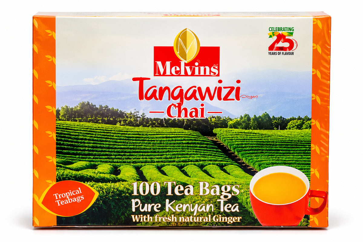 Melvins Tangawizi Chai ginger tea with 100 tea bags, pure Kenyan tea and fresh natural ginger, offering convenient spiced tea for everyday brewing at home or work during busy mornings.