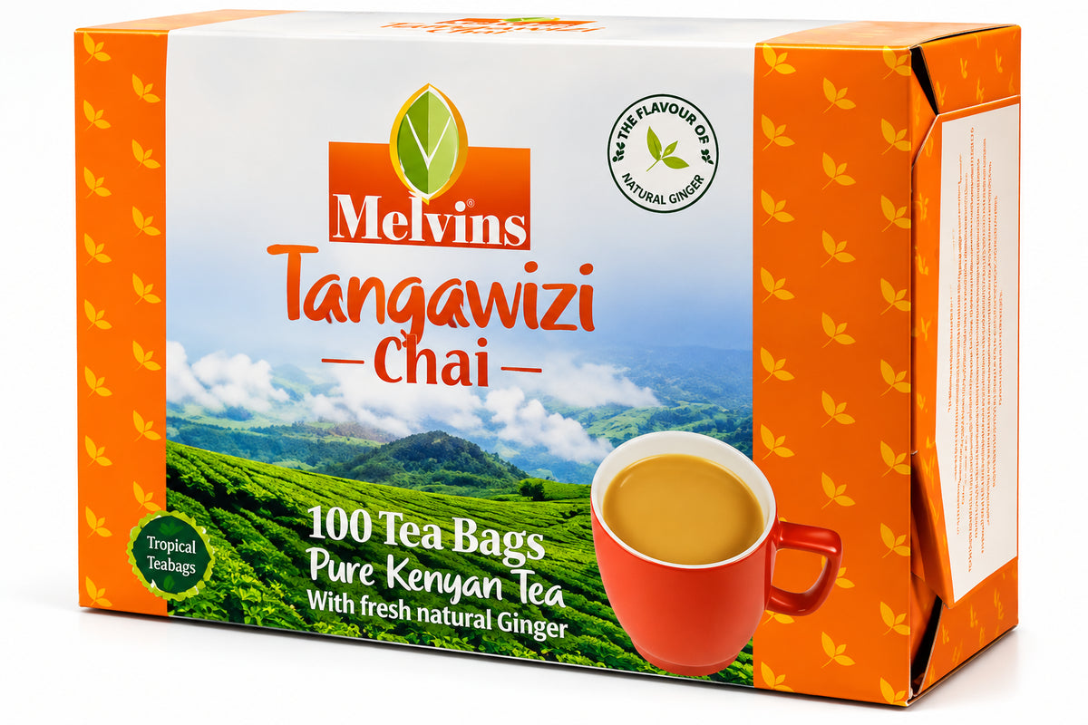 Melvins Tangawizi Chai ginger tea with 100 tea bags, pure Kenyan tea and natural ginger, featuring tropical teabags for convenient spiced chai at home, work, or breakfast daily tea brewing.