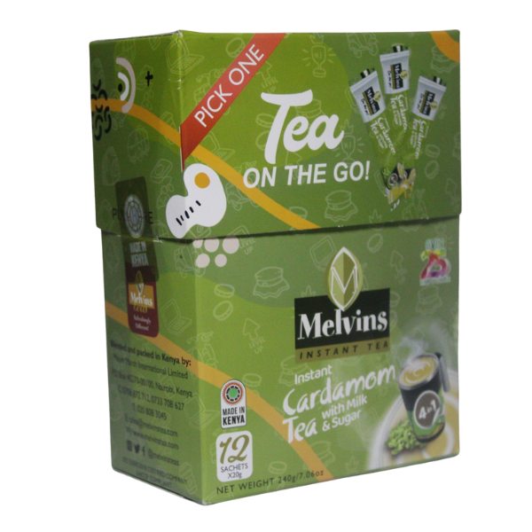 Right side angle of Melvins Tea On The Go green box showing Pick One corner tab