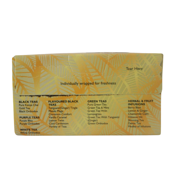 Inside top of Melvins Vanilla Caramel box showing individually wrapped tea bags and Melvins tea range list