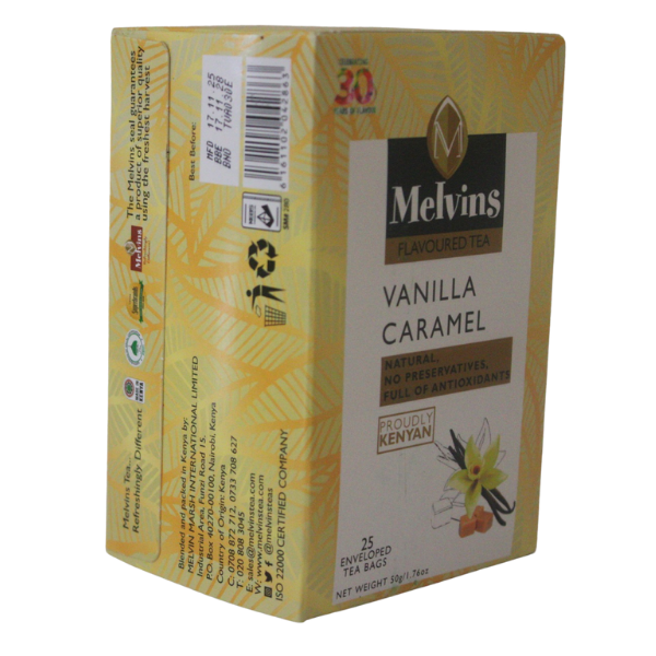 Back top angle of Melvins Vanilla Caramel box showing barcode and side panel