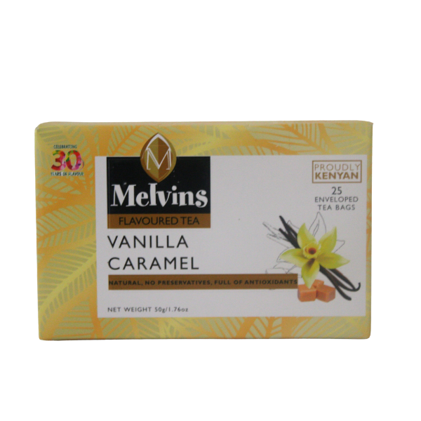 Angled front of Melvins Vanilla Caramel box showing 30 years badge and Proudly Kenyan label