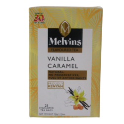 Angled front top view of Melvins Vanilla Caramel yellow box showing 30 years badge