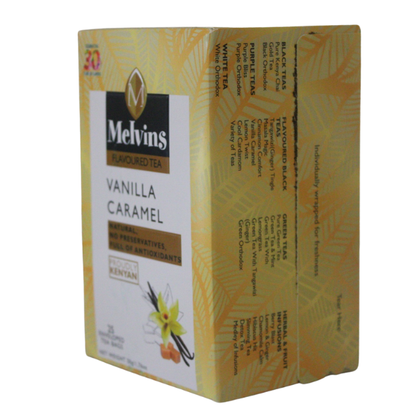 Front angle of Melvins Vanilla Caramel box showing full label and Proudly Kenyan badge