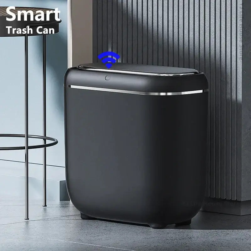 Modern black and silver automatic sensor trash can kitchen