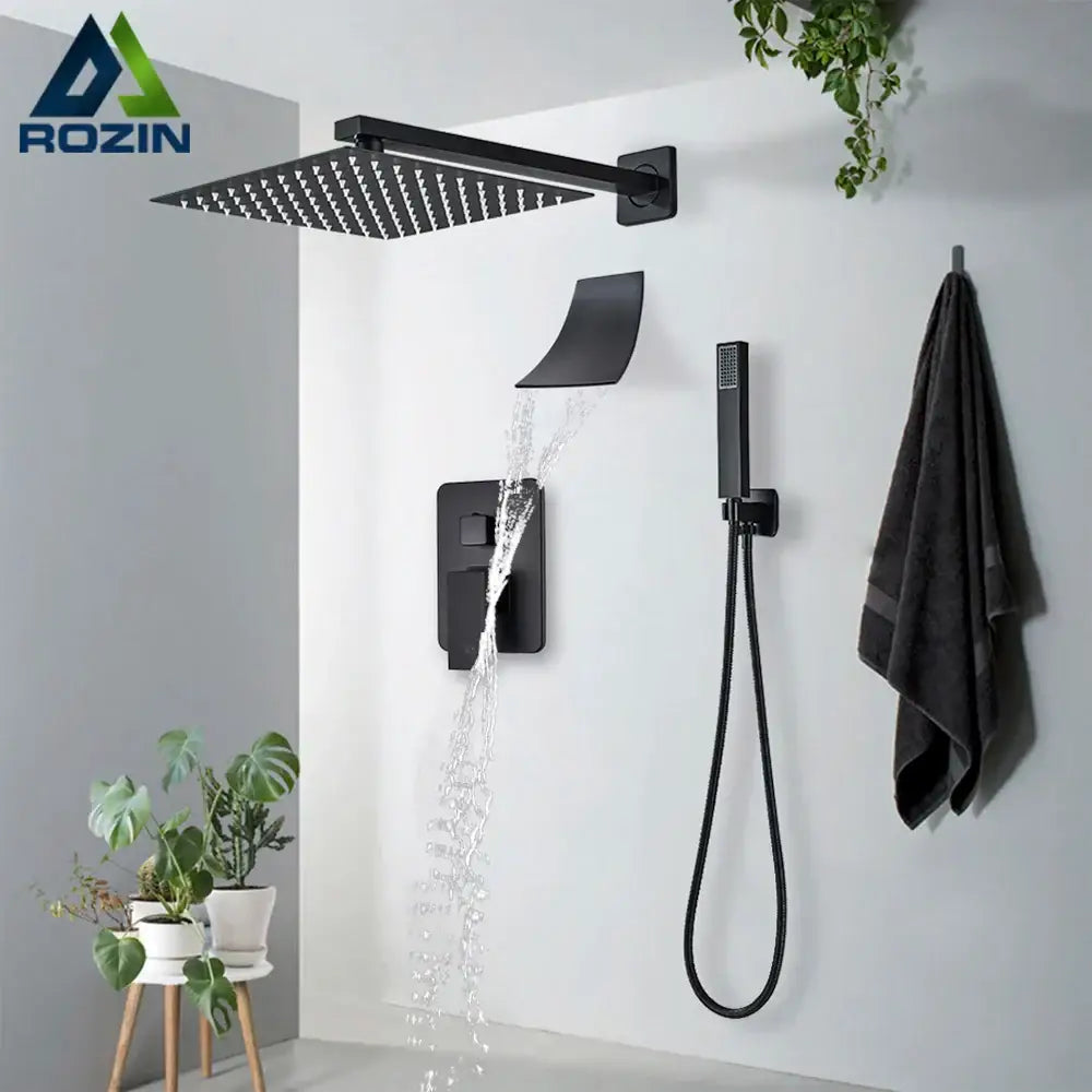 DecorBites™ Black Wall Mounted Rainfall Shower System with Tub Spout