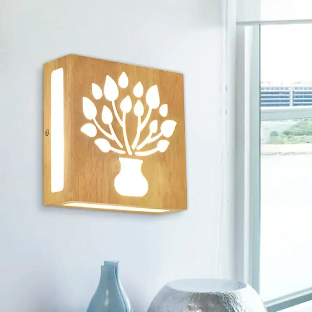 DecorBites™ Modern LED Wood Square Wall Sconce: Beige Bedside Light with Cute Pattern