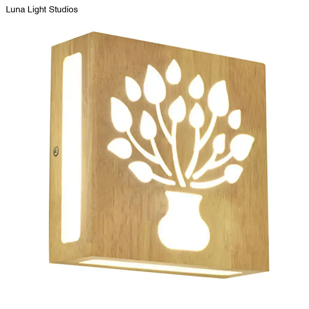 DecorBites™ Modern LED Wood Square Wall Sconce: Beige Bedside Light with Cute Pattern