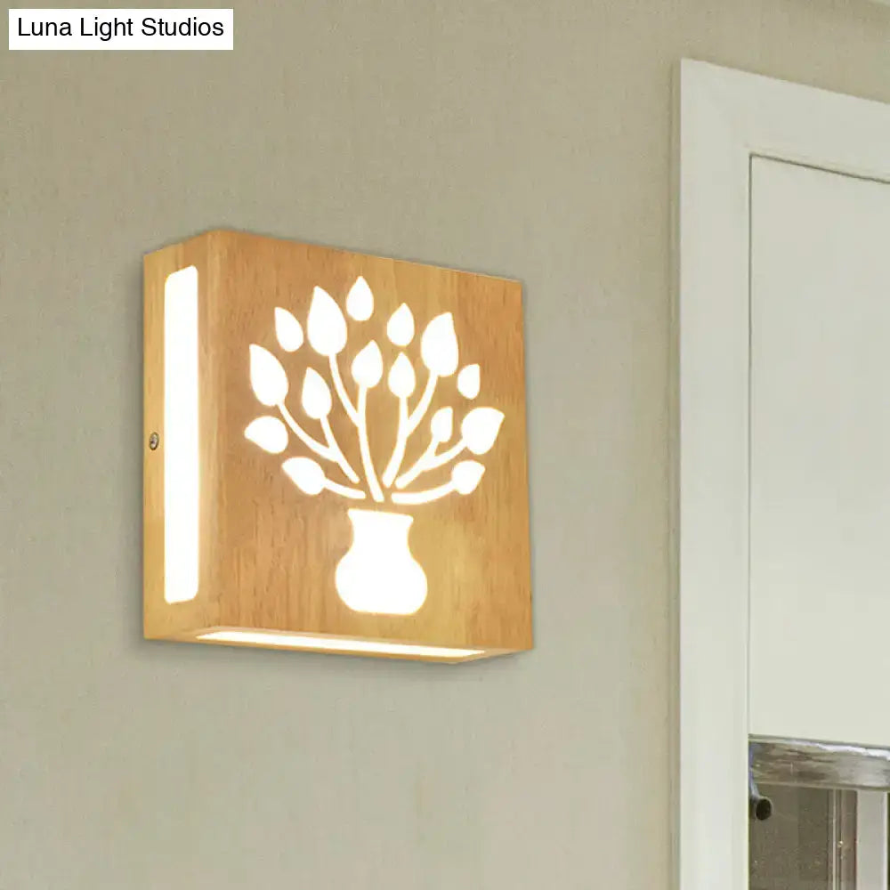 DecorBites™ Modern LED Wood Square Wall Sconce: Beige Bedside Light with Cute Pattern