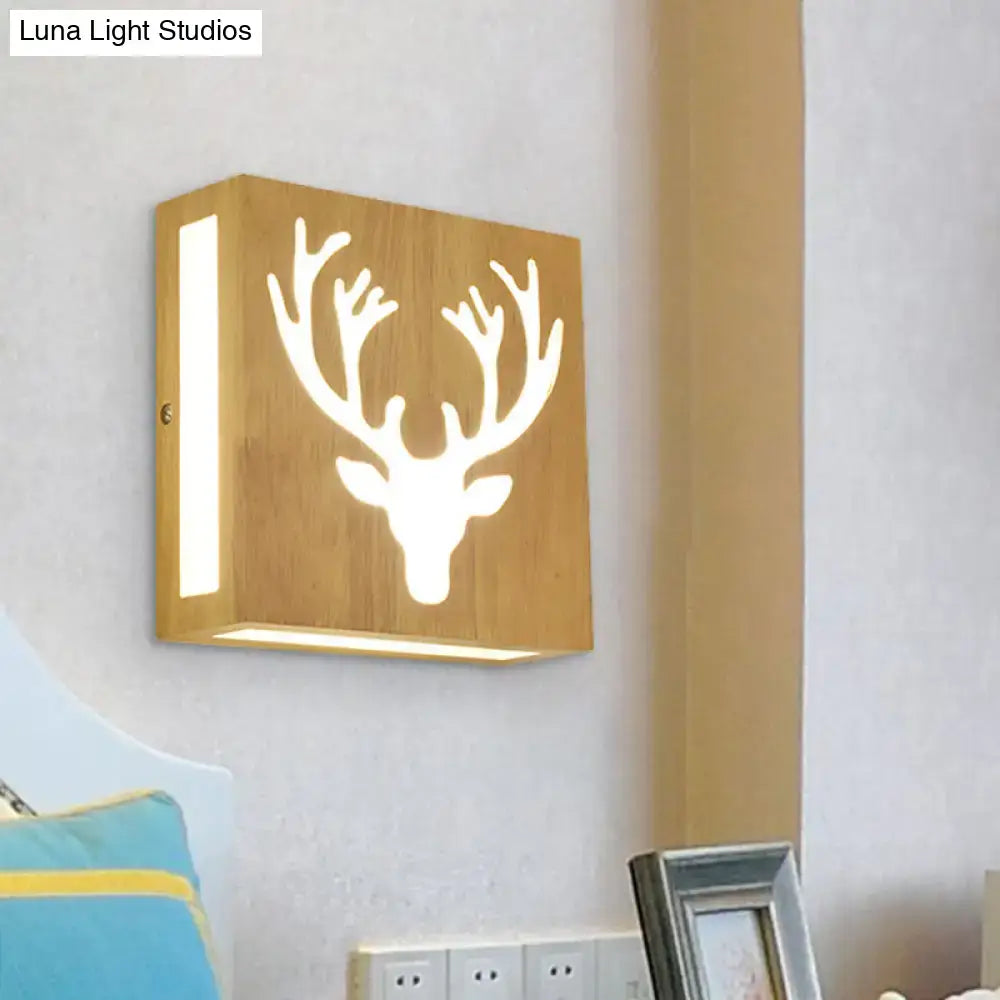 DecorBites™ Modern LED Wood Square Wall Sconce: Beige Bedside Light with Cute Pattern