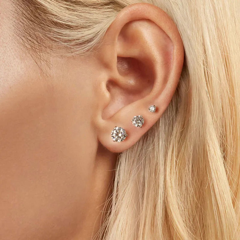 Three-Prong Moissanite Push-Back Stud Earrings in Silver