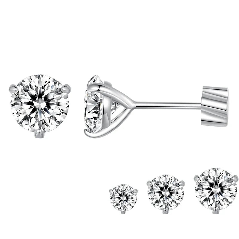 Three-Prong Moissanite Push-Back Stud Earrings in Silver