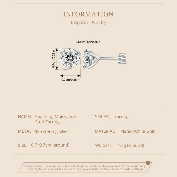 Three-Prong Moissanite Push-Back Stud Earrings in Silver