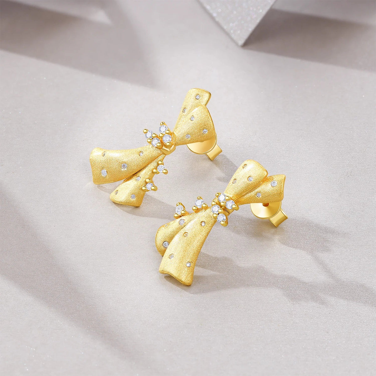 Gold-Tone Moissanite Ribbon Bow Stud Earrings