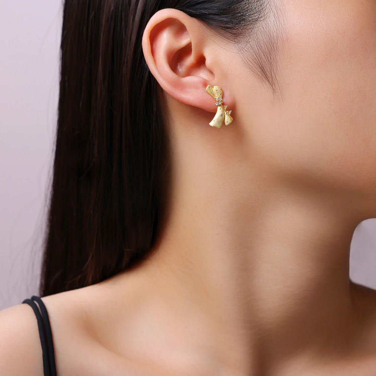 Gold-Tone Moissanite Ribbon Bow Stud Earrings