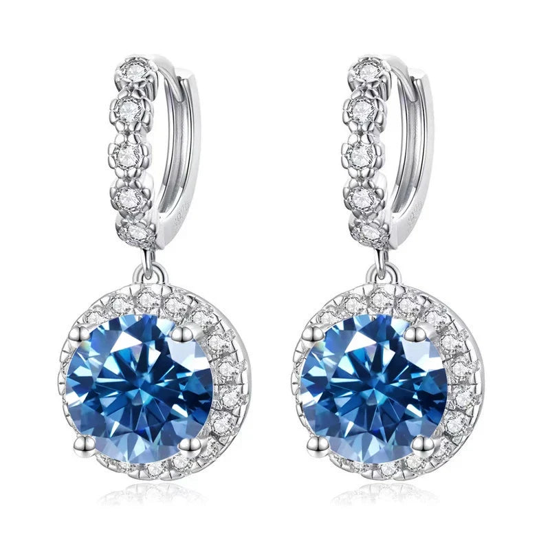 Colored Round Halo Moissanite Hoop Drop Earrings