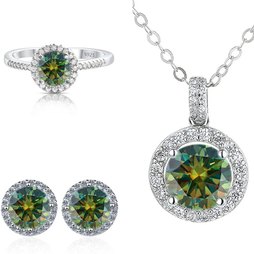 Round Halo Moissanite Necklace, Stud Earrings & Ring Set