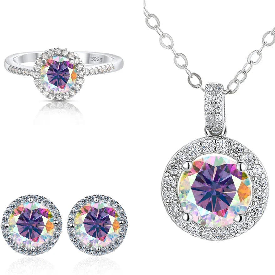 Round Halo Moissanite Necklace, Stud Earrings & Ring Set