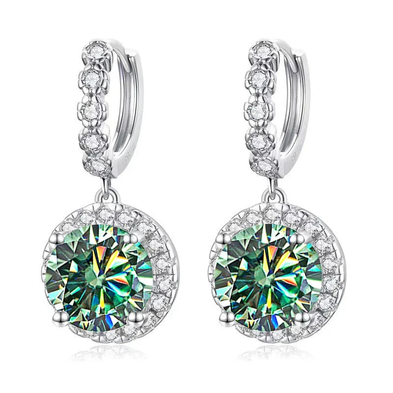 Colored Round Halo Moissanite Hoop Drop Earrings