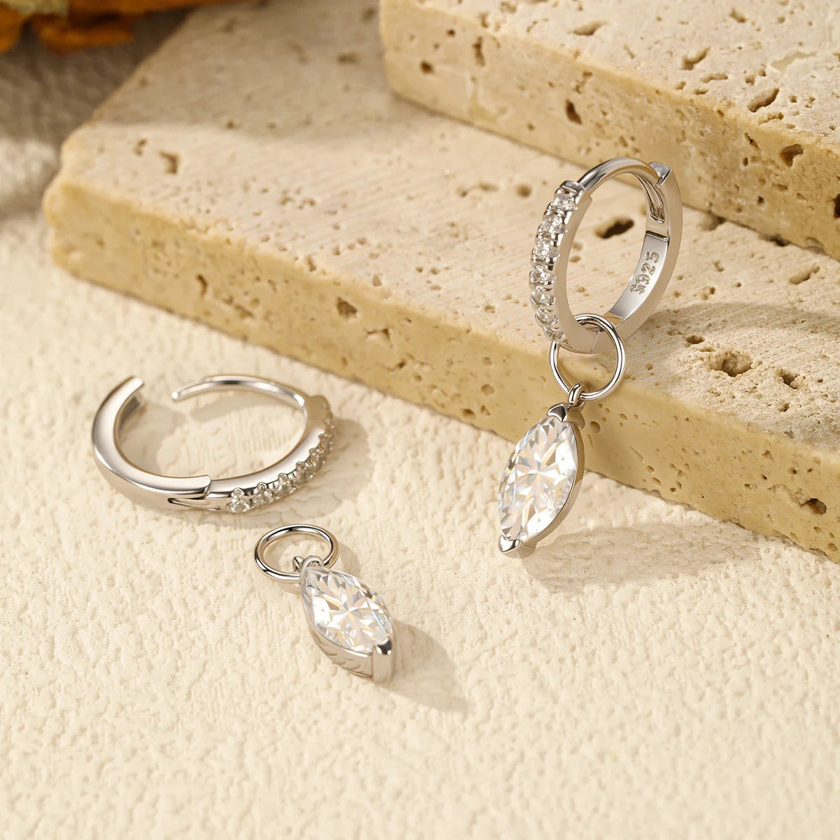 Marquise Moissanite Drop Hoop Earrings in Sterling Silver