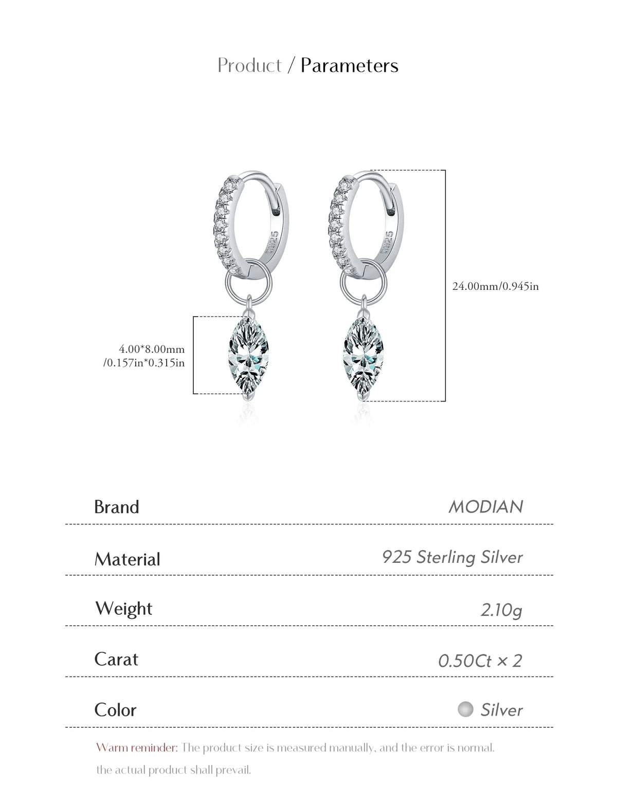 Marquise Moissanite Drop Hoop Earrings in Sterling Silver