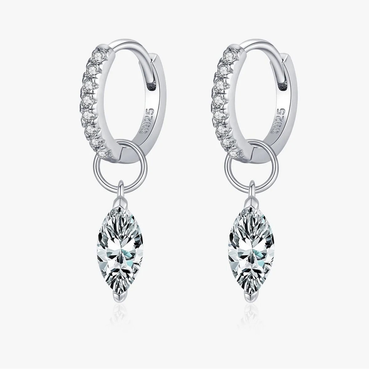 Marquise Moissanite Drop Hoop Earrings in Sterling Silver