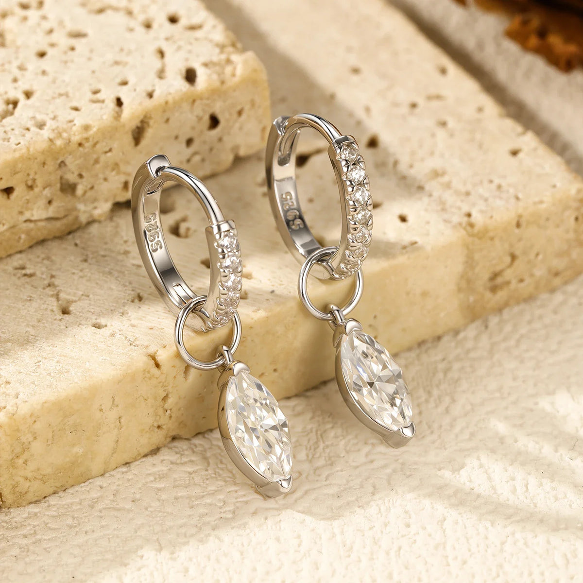 Marquise Moissanite Drop Hoop Earrings in Sterling Silver