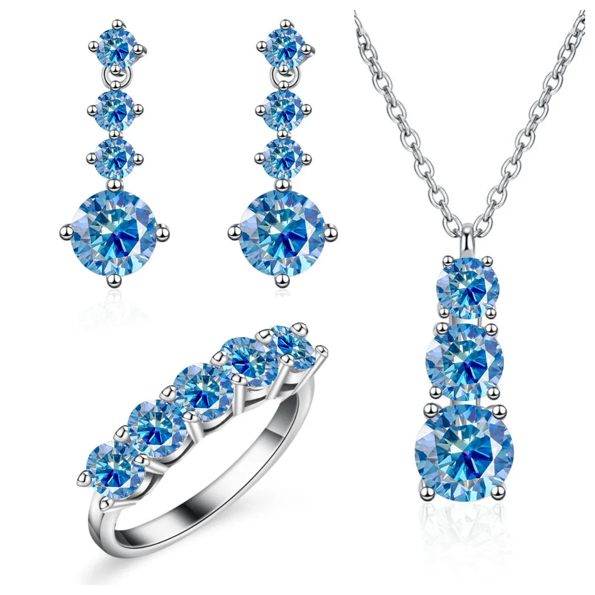 Graduated Moissanite Necklace, Drop Earrings & Ring Set