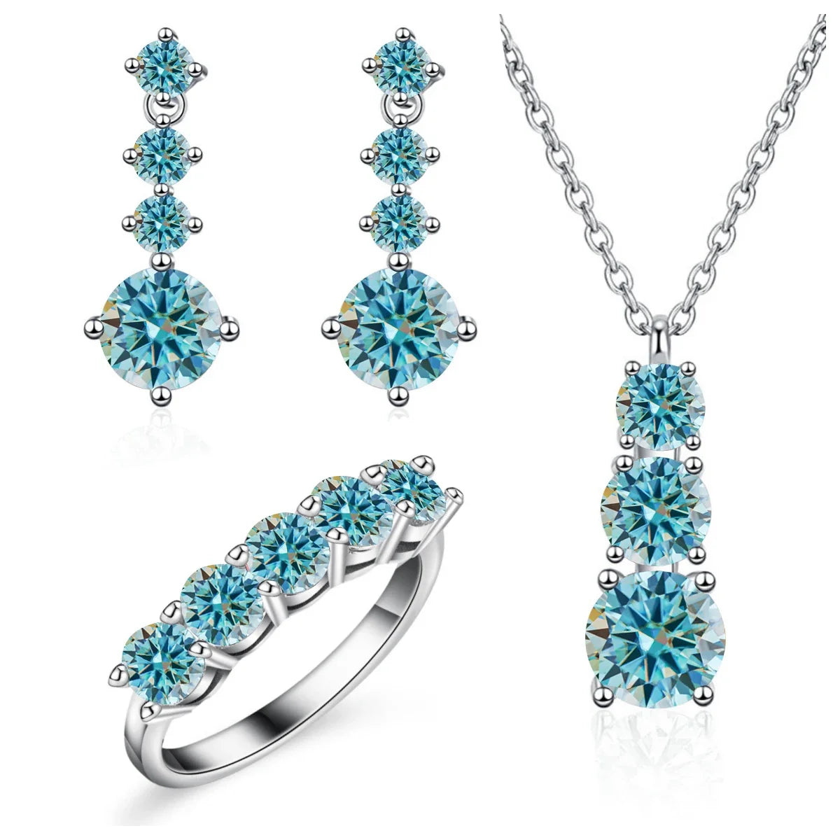 Graduated Moissanite Necklace, Drop Earrings & Ring Set
